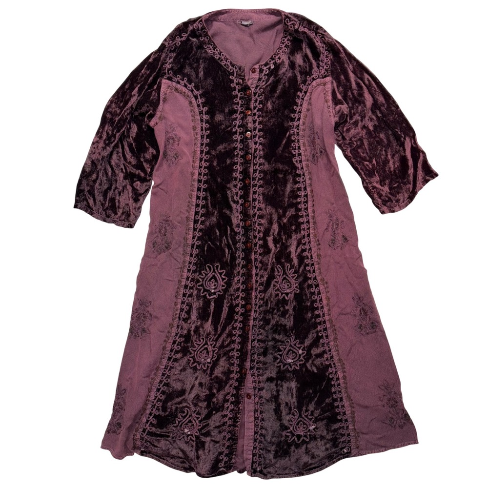 Magic Purple Maroon Velvet Embroidered Button Front Dress Tie Back Renaissance
